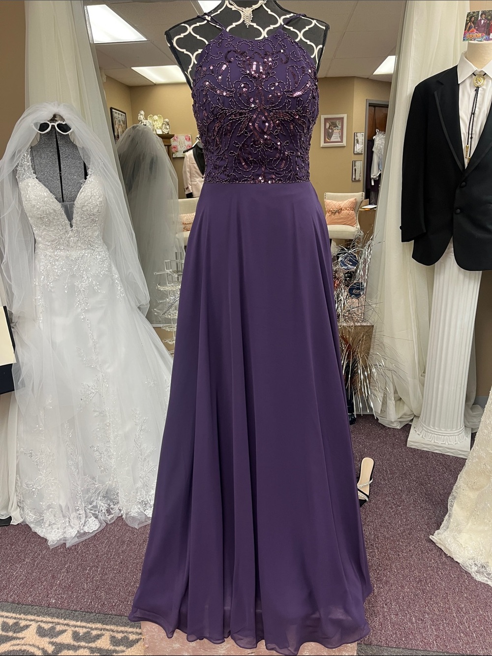 Adrianna Papell Purple Beaded Halter Maxi Dress
